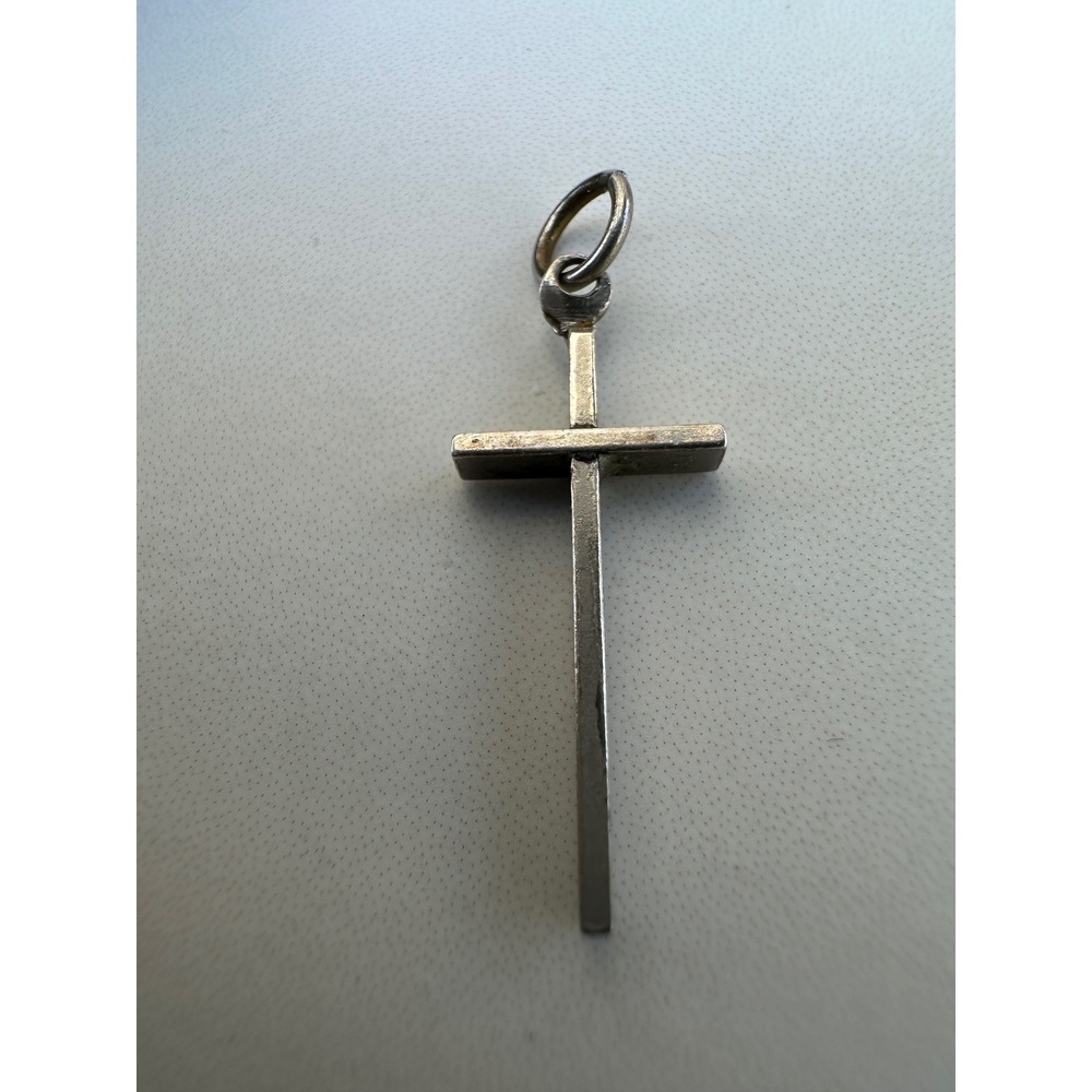 Vintage Sterling Silver Square Bar Cross Pendant Minimalist Religious Charm 925‎